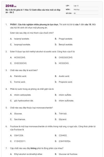 Bộ 3 đề thi giữa kì 1 Hóa 12 Cánh diều cấu trúc mới có đáp án - Đề 2