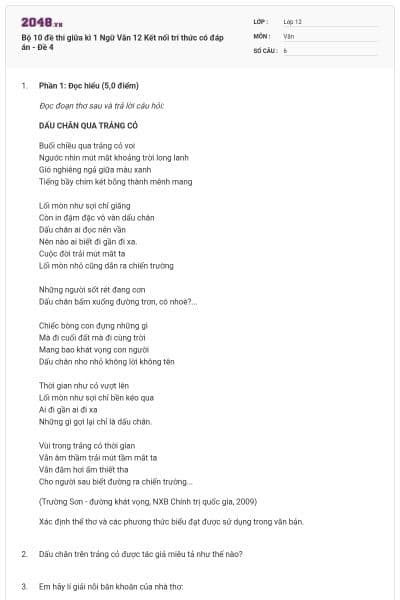 Bộ 10 đề thi giữa kì 1 Ngữ Văn 12 Kết nối tri thức có đáp án - Đề 4