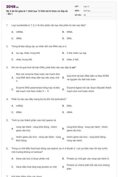 Bộ 3 đề thi giữa kì 1 Sinh học 12 Kết nối tri thức có đáp án - Đề 1