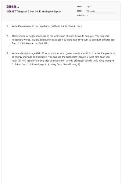 Giải SBT Tiếng anh 7 Unit 10. E. Writing có đáp án