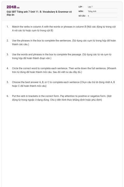 Giải SBT Tiếng anh 7 Unit 11. B. Vocabulary & Grammar có đáp án