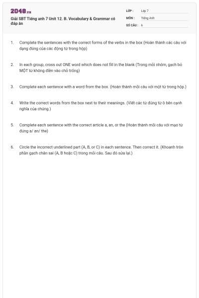 Giải SBT Tiếng anh 7 Unit 12. B. Vocabulary & Grammar có đáp án