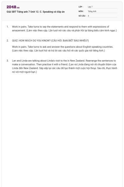 Giải SBT Tiếng anh 7 Unit 12. C. Speaking có đáp án