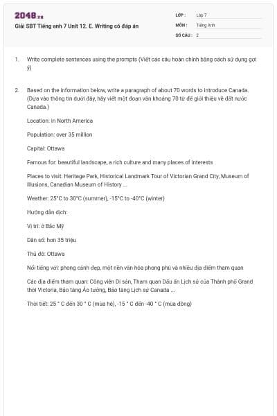 Giải SBT Tiếng anh 7 Unit 12. E. Writing có đáp án