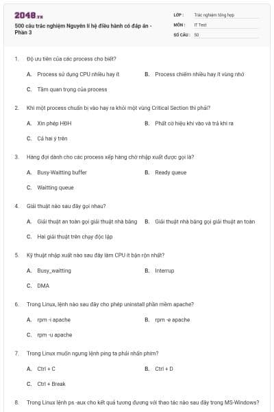 500 câu trắc nghiệm Nguyên lí hệ điều hành có đáp án - Phần 3