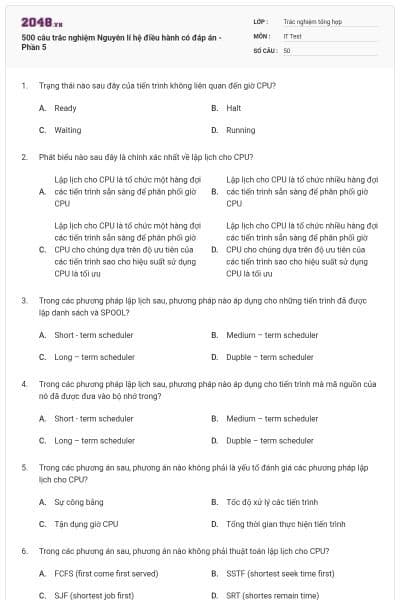 500 câu trắc nghiệm Nguyên lí hệ điều hành có đáp án - Phần 5
