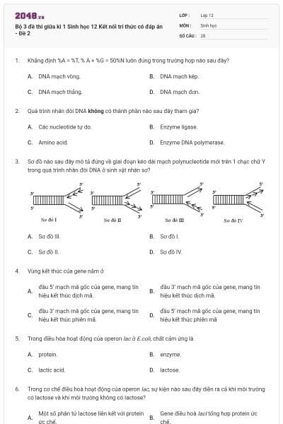 Bộ 3 đề thi giữa kì 1 Sinh học 12 Kết nối tri thức có đáp án - Đề 2