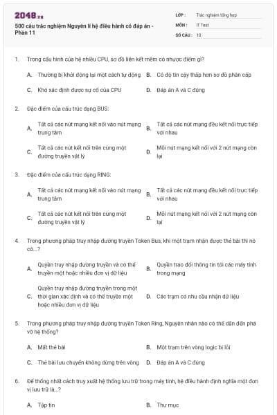 500 câu trắc nghiệm Nguyên lí hệ điều hành có đáp án - Phần 11