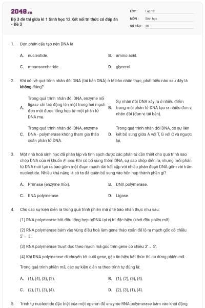 Bộ 3 đề thi giữa kì 1 Sinh học 12 Kết nối tri thức có đáp án - Đề 3