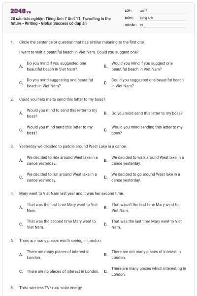 20 câu trắc nghiệm Tiếng Anh 7 Unit 11: Travelling in the future - Writing - Global Success có đáp án