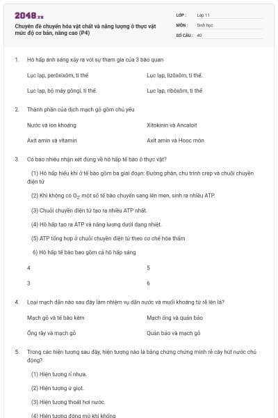 Chuyên đề chuyển hóa vật chất và năng lượng ở thực vật mức độ cơ bản, nâng cao (P4)