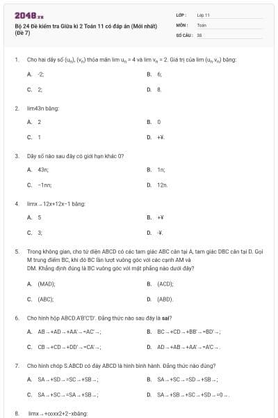 Bộ 24 Đề kiểm tra Giữa kì 2 Toán 11 có đáp án (Mới nhất) (Đề 7)
