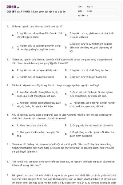 Giải SBT Vật lí 10 Bài 1. Làm quen với vật lí có đáp án