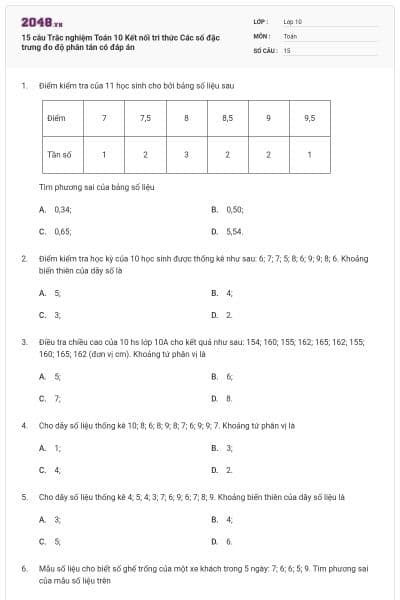 15 câu  Trắc nghiệm Toán 10 Kết nối tri thức Các số đặc trưng đo độ phân tán có đáp án