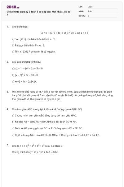 Đề kiểm tra giữa kỳ 2 Toán 8 có đáp án ( Mới nhất)_ đề số 7