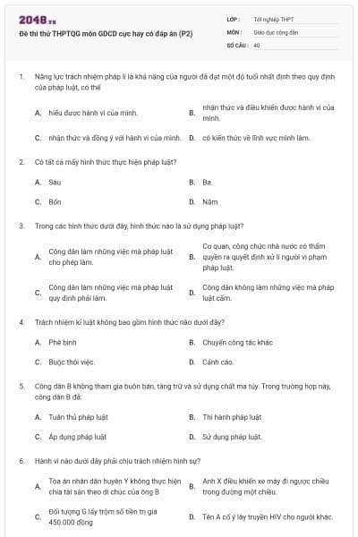 Đề thi thử THPTQG môn GDCD cực hay có đáp án (P2)