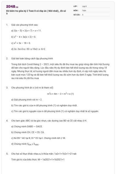 Đề kiểm tra giữa kỳ 2 Toán 8 có đáp án ( Mới nhất)_ đề số 9