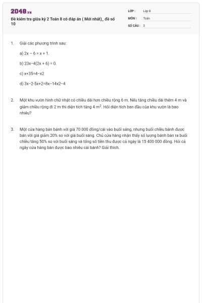 Đề kiểm tra giữa kỳ 2 Toán 8 có đáp án ( Mới nhất)_ đề số 10