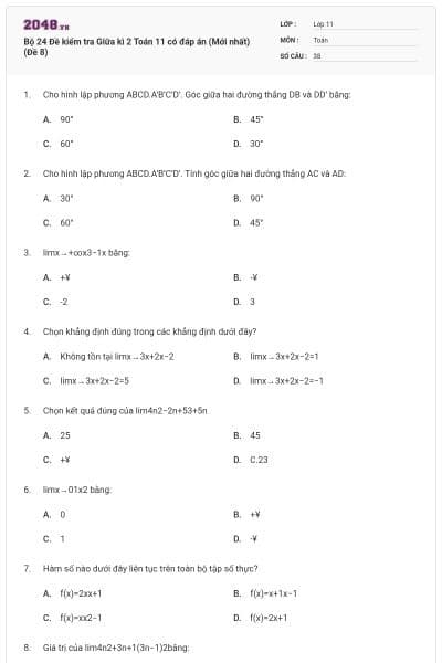 Bộ 24 Đề kiểm tra Giữa kì 2 Toán 11 có đáp án (Mới nhất) (Đề 8)