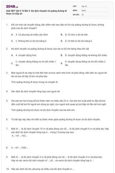 Giải SBT Vật lí 10 Bài 4. Độ dịch chuyển và quãng đường đi được có đáp án