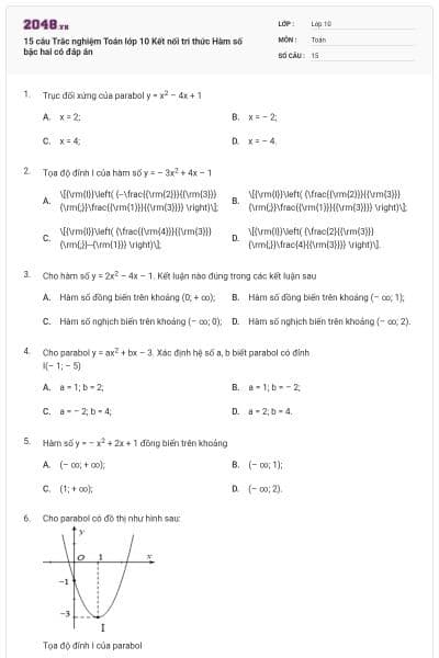 15 câu  Trắc nghiệm Toán lớp 10 Kết nối tri thức Hàm số bậc hai có đáp án