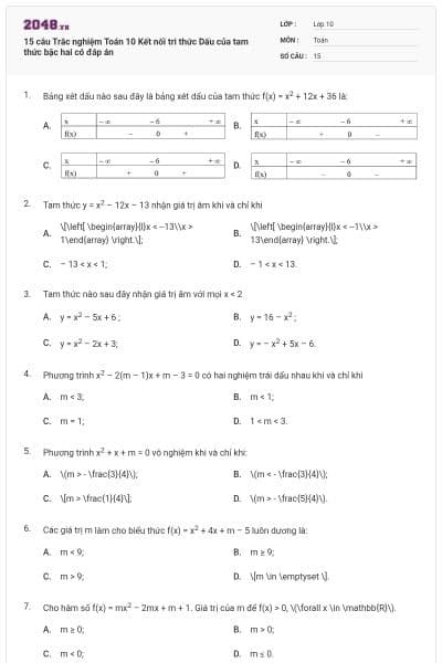 15 câu  Trắc nghiệm Toán 10 Kết nối tri thức Dấu của tam thức bậc hai có đáp án