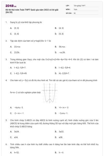 Đề thi thử môn Toán THPT Quốc gia năm 2022 có lời giải (Đề 28)
