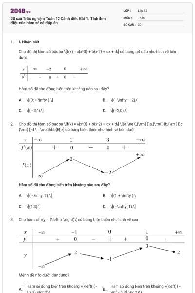 20 câu Trắc nghiệm Toán 12 Cánh diều Bài 1. Tính đơn điệu của hàm số có đáp án