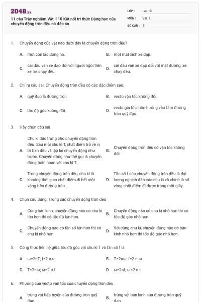 11 câu Trắc nghiệm Vật lí 10 Kết nối tri thức Động học của chuyển động tròn đều có đáp án