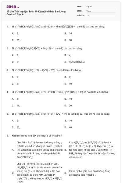 15 câu Trắc nghiệm Toán 10 Kết nối tri thức Ba đường Conic có đáp án