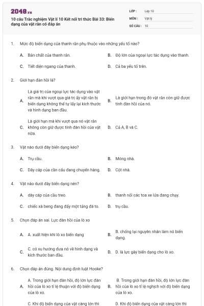 10 câu  Trắc nghiệm Vật lí 10 Kết nối tri thức Bài 33: Biến dạng của vật rắn có đáp án