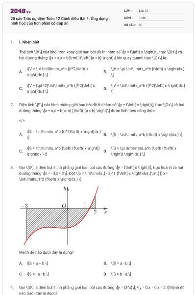 20 câu Trắc nghiệm Toán 12 Cánh diều Bài 4. Ứng dụng hình học của tích phân có đáp án