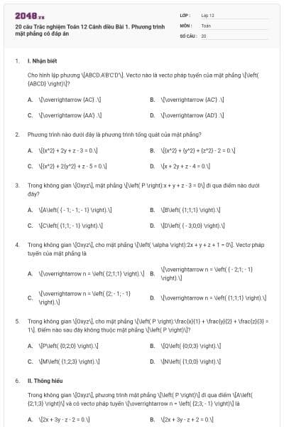 20 câu Trắc nghiệm Toán 12 Cánh diều Bài 1. Phương trình mặt phẳng có đáp án