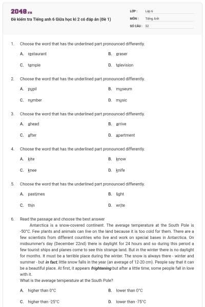 Đề kiểm tra Tiếng anh 6 Giữa học kì 2 có đáp án (Đề 1)