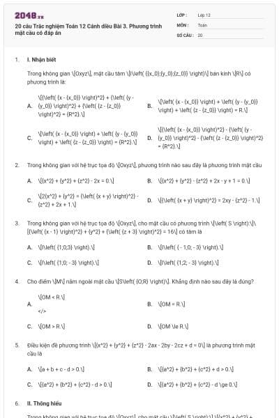 20 câu Trắc nghiệm Toán 12 Cánh diều Bài 3. Phương trình mặt cầu có đáp án