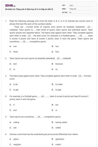 Đề kiểm tra Tiếng anh 6 Giữa học kì 2 có đáp án (Đề 4)