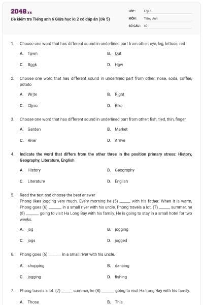 Đề kiểm tra Tiếng anh 6 Giữa học kì 2 có đáp án (Đề 5)