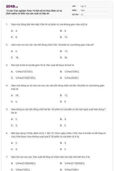 15 câu Trắc nghiệm Toán 10 Kết nối tri thức Biến cố và định nghĩa cổ điển của xác suất có đáp án