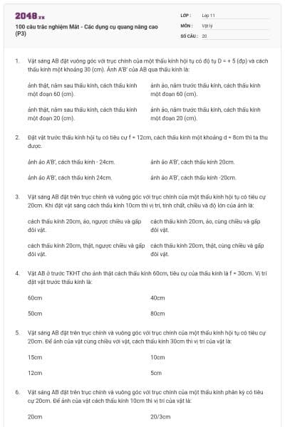 100 câu trắc nghiệm Mắt - Các dụng cụ quang nâng cao (P3)