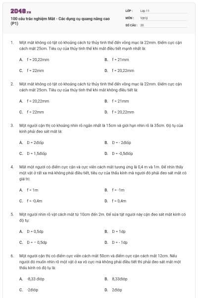 100 câu trắc nghiệm Mắt - Các dụng cụ quang nâng cao (P1)