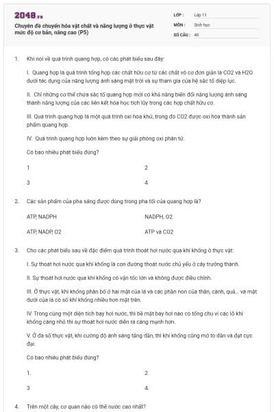 Chuyên đề chuyển hóa vật chất và năng lượng ở thực vật mức độ cơ bản, nâng cao (P5)