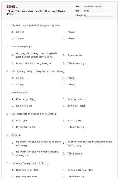 150 câu Trắc nghiệm tổng hợp Kinh tế lượng có đáp án (Phần 1)
