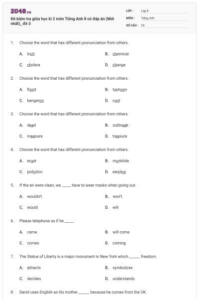 Đề kiểm tra giữa học kì 2 môn Tiếng Anh 8 có đáp án (Mới nhất)_ đề 3
