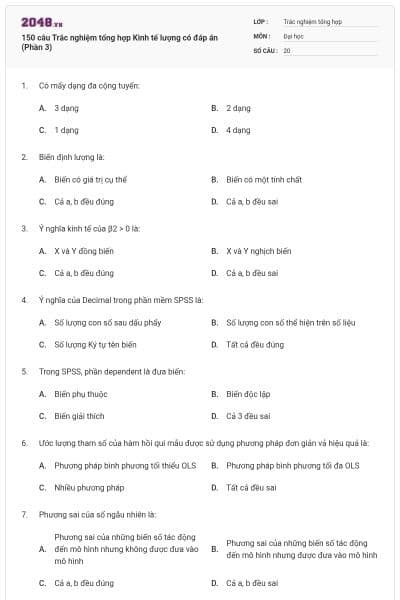 150 câu Trắc nghiệm tổng hợp Kinh tế lượng có đáp án (Phần 3)