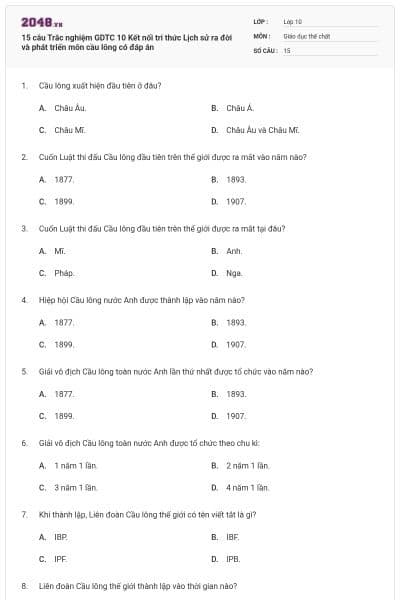 15 câu Trắc nghiệm GDTC 10 Kết nối tri thức Lịch sử ra đời và phát triển môn cầu lông có đáp án