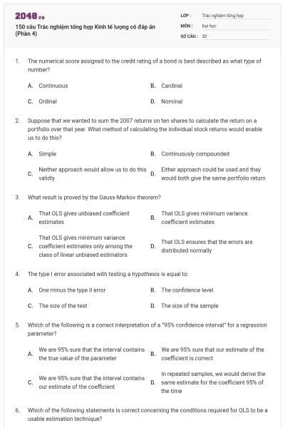 150 câu Trắc nghiệm tổng hợp Kinh tế lượng có đáp án (Phần 4)