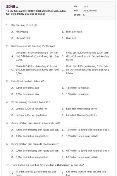 15 câu Trắc nghiệm GDTC 10 Kết nối tri thức Một số điều luật trong thi đấu Cầu lông có đáp án