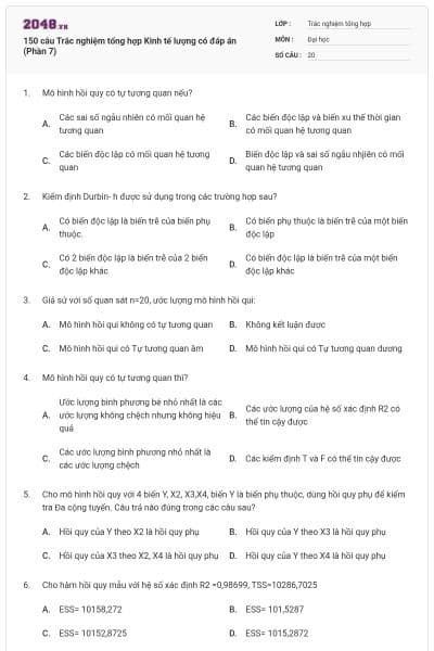 150 câu Trắc nghiệm tổng hợp Kinh tế lượng có đáp án (Phần 7)