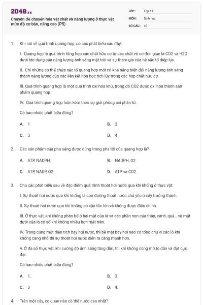 Chuyên đề chuyển hóa vật chất và năng lượng ở thực vật mức độ cơ bản, nâng cao (P5)