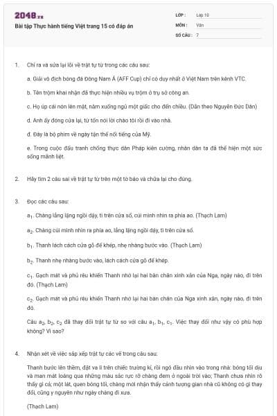 Bài tập Thực hành tiếng Việt trang 15 có đáp án